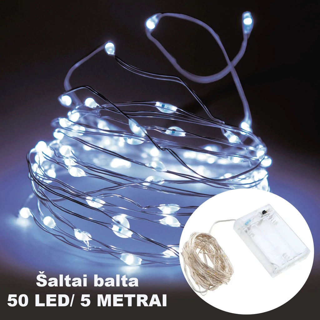 Šaltai balta LED girlianda, 50 LED, 5 m AA