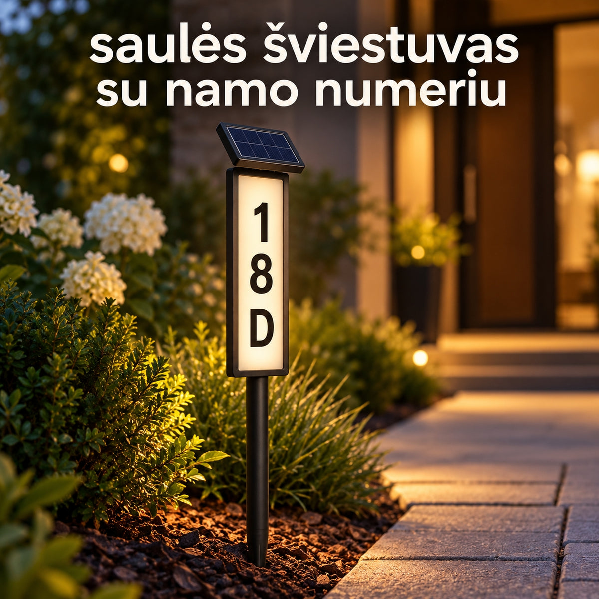Saulės šviestuvas su namo numeriu