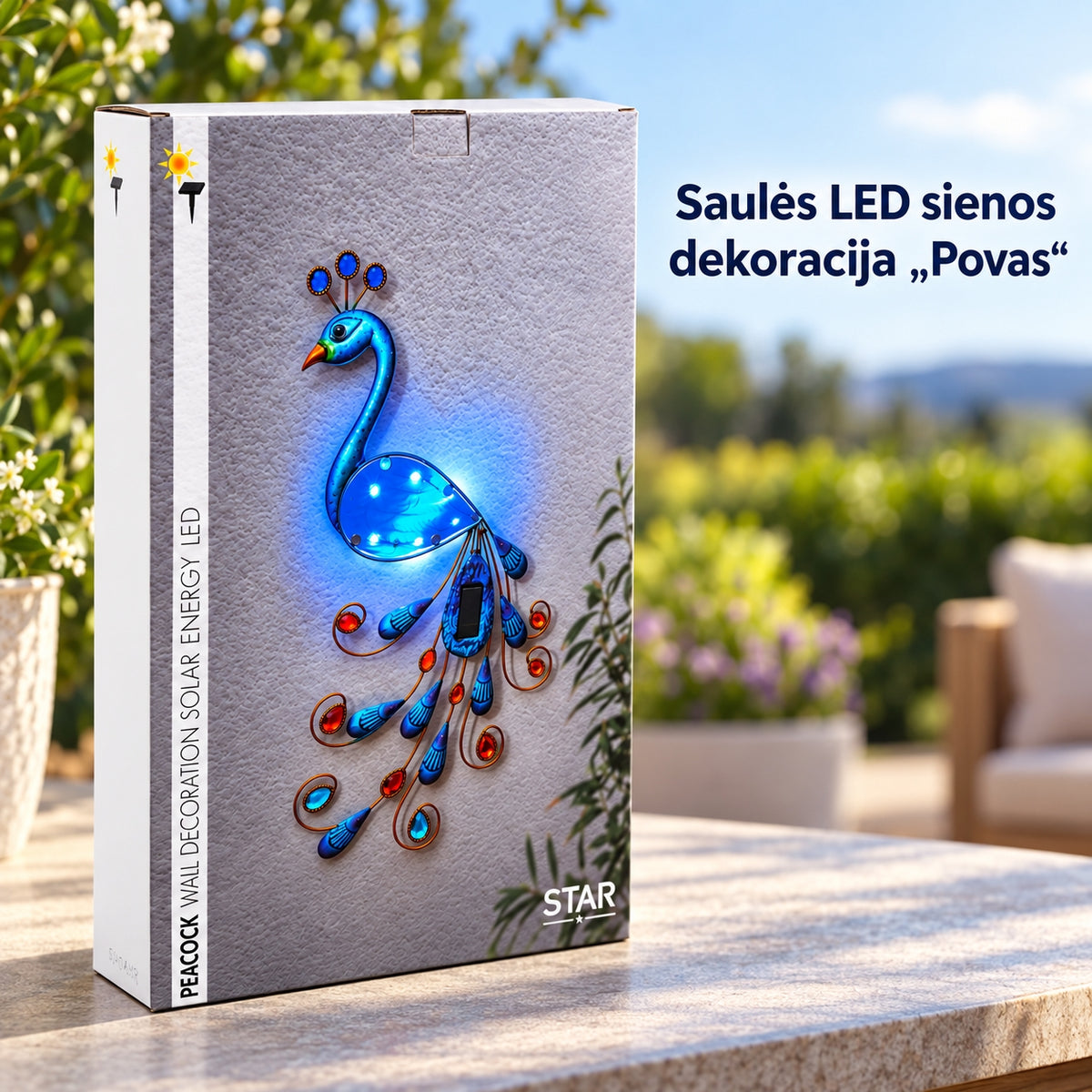 Sienos dekoracija „povas“ su saulės panele ir LED apšvietimu