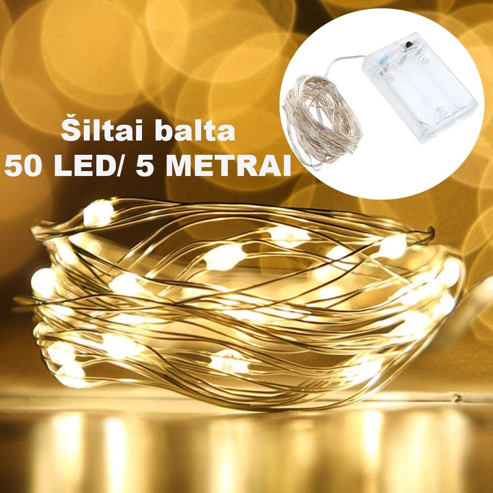 Šiltai balta LED girlianda, 50 LED, 5 m AA