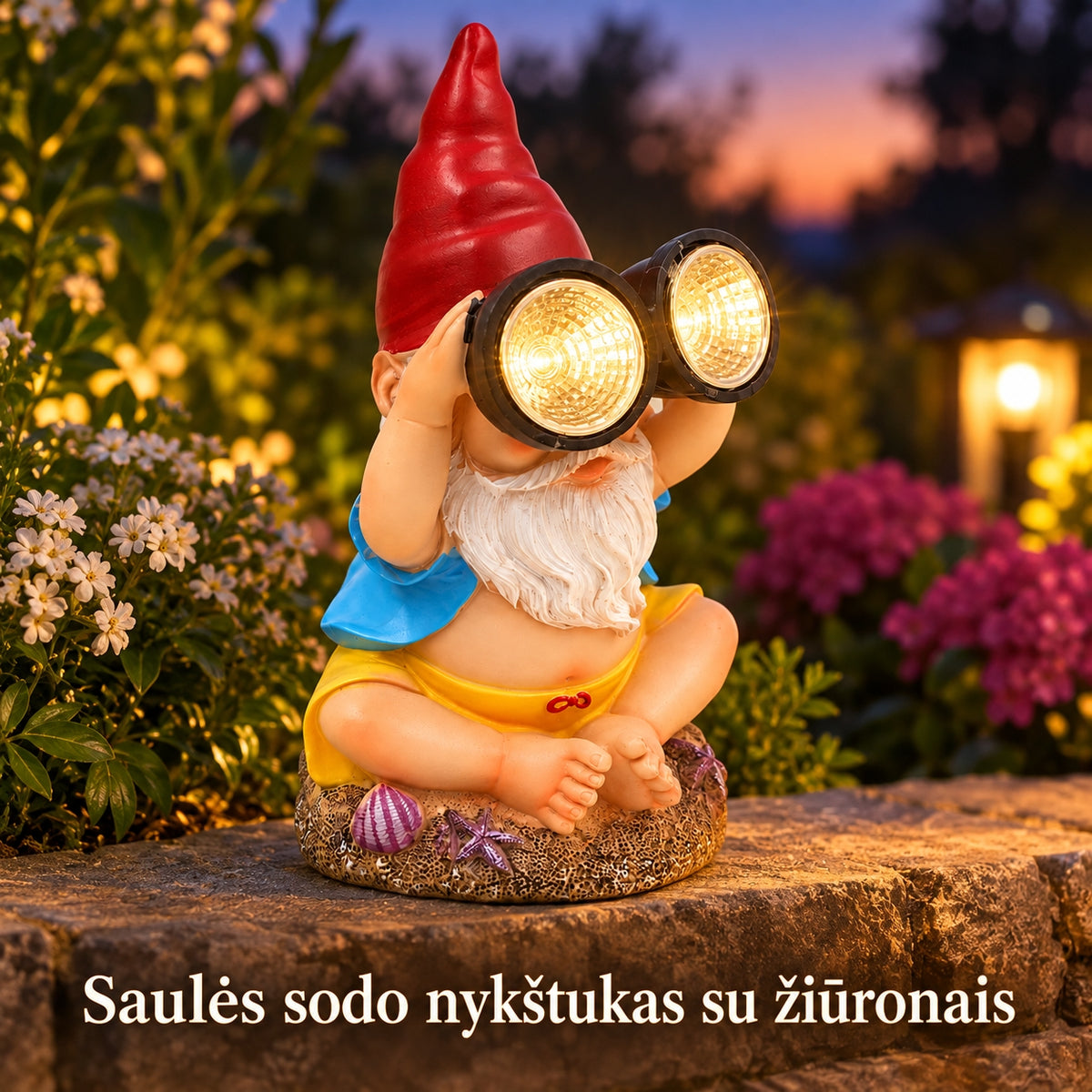 sodo nykštukas su šviečiančiais žiūronais ir saulės panele