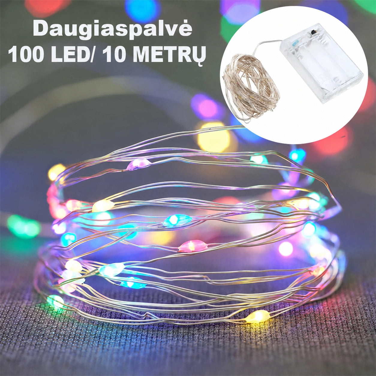 Spalvota LED girlianda, 100 LED, 10 m AA