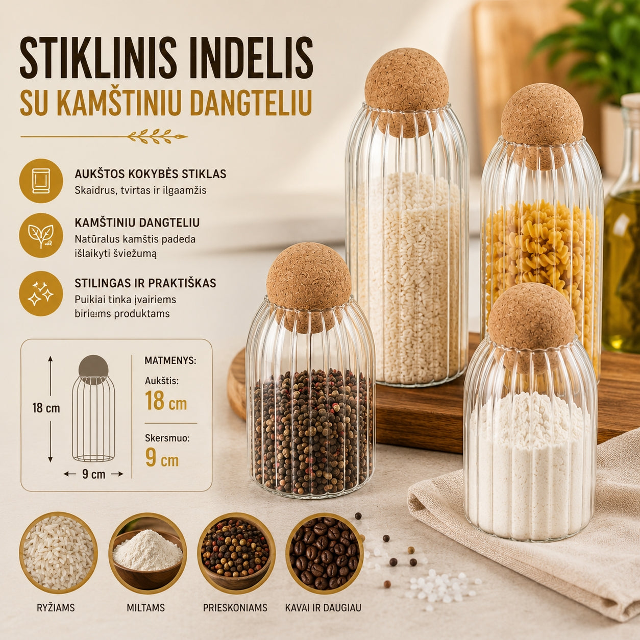 Stiklinis maisto saugojimo indas 18 CM.