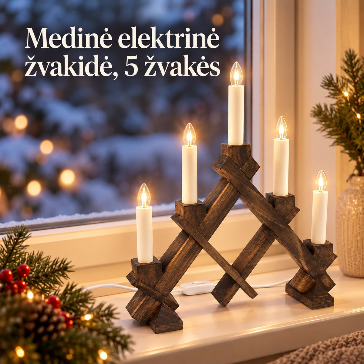 TAMSIAI RUDA medinė elektrinė žvakidė, 5 žvakių, 40 × 30 cm