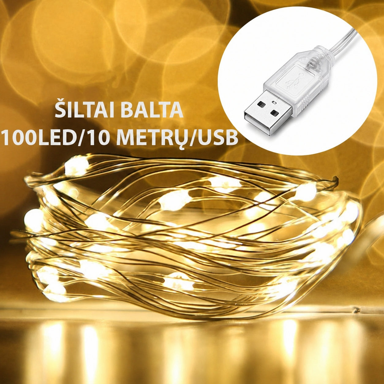 USB LED girlianda, 100 LED, 10 m, šiltai balta