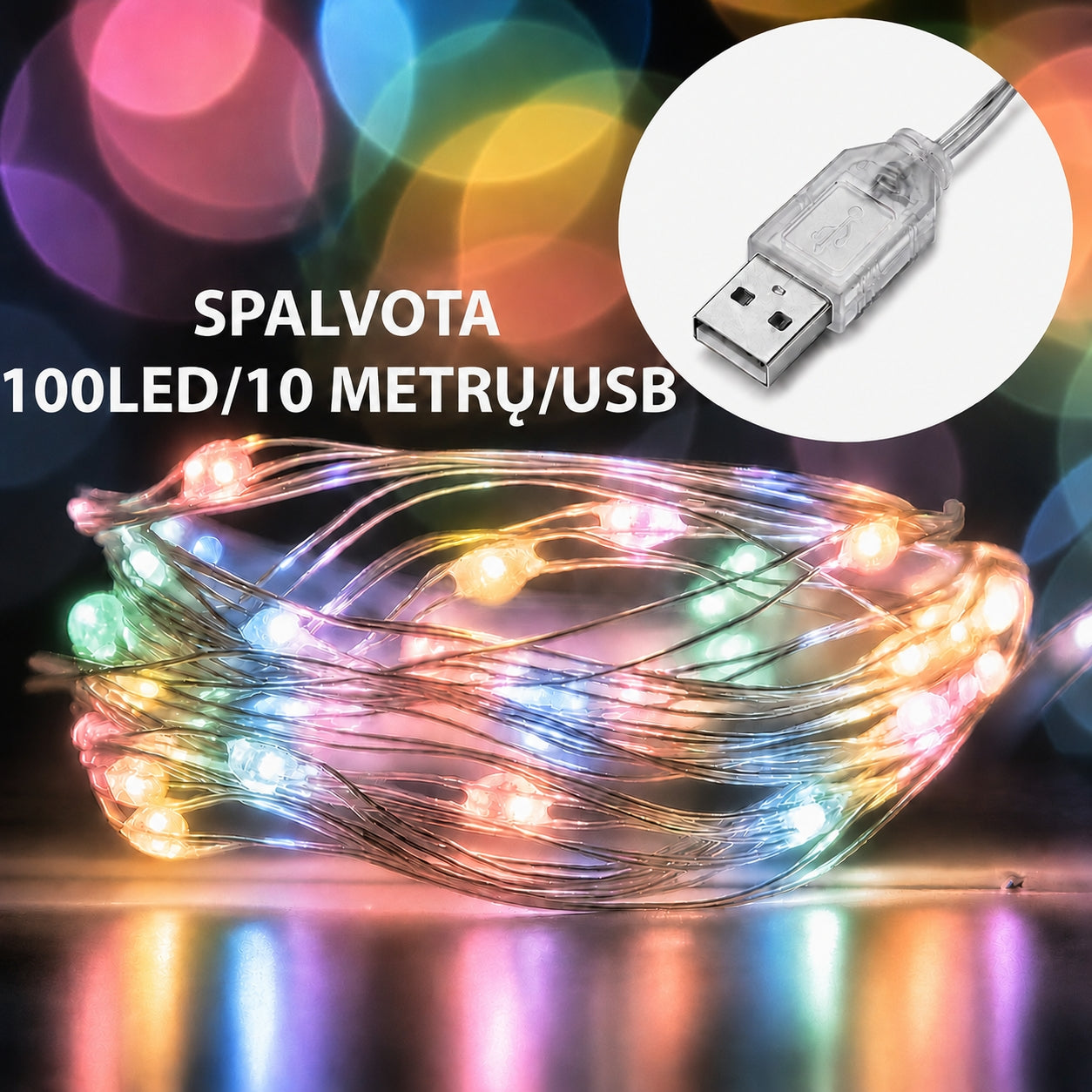 USB LED girlianda, 100 LED, 10 m, spalvota