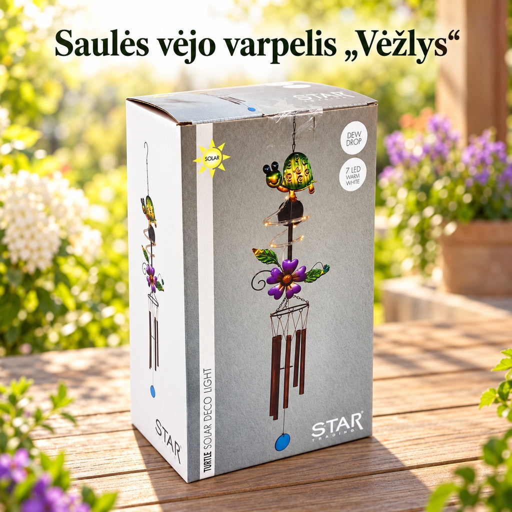 vėjo varpeliai „vėžlys“ su saulės panele ir 7 LED